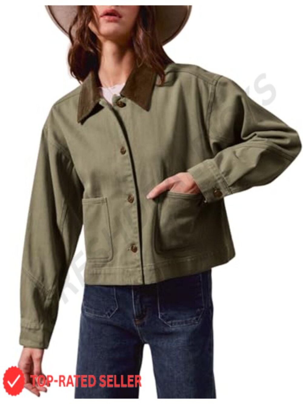 Women's Cropped Barn Jacket Corduroy Collar Button Down Cotton